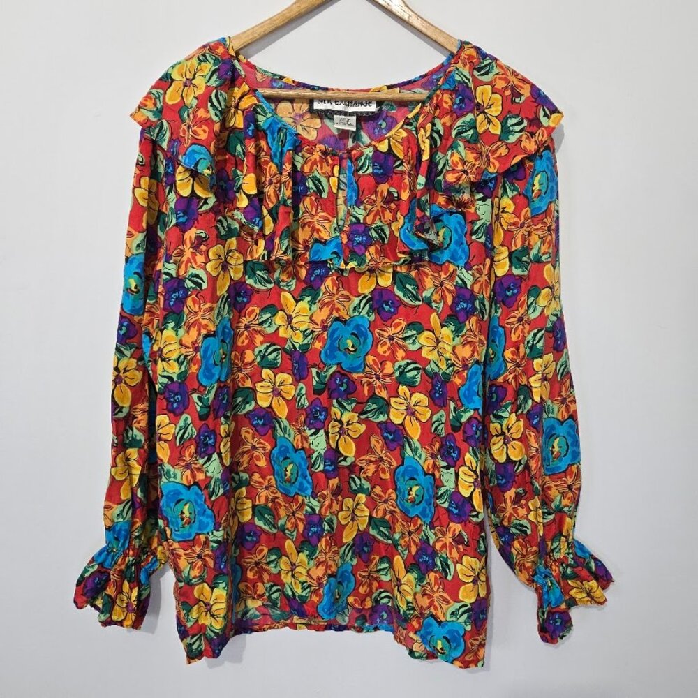 Silk Exchange 100% Silk Multicolor Floral Top Sz M Vintage Artsy Wacky Feminine